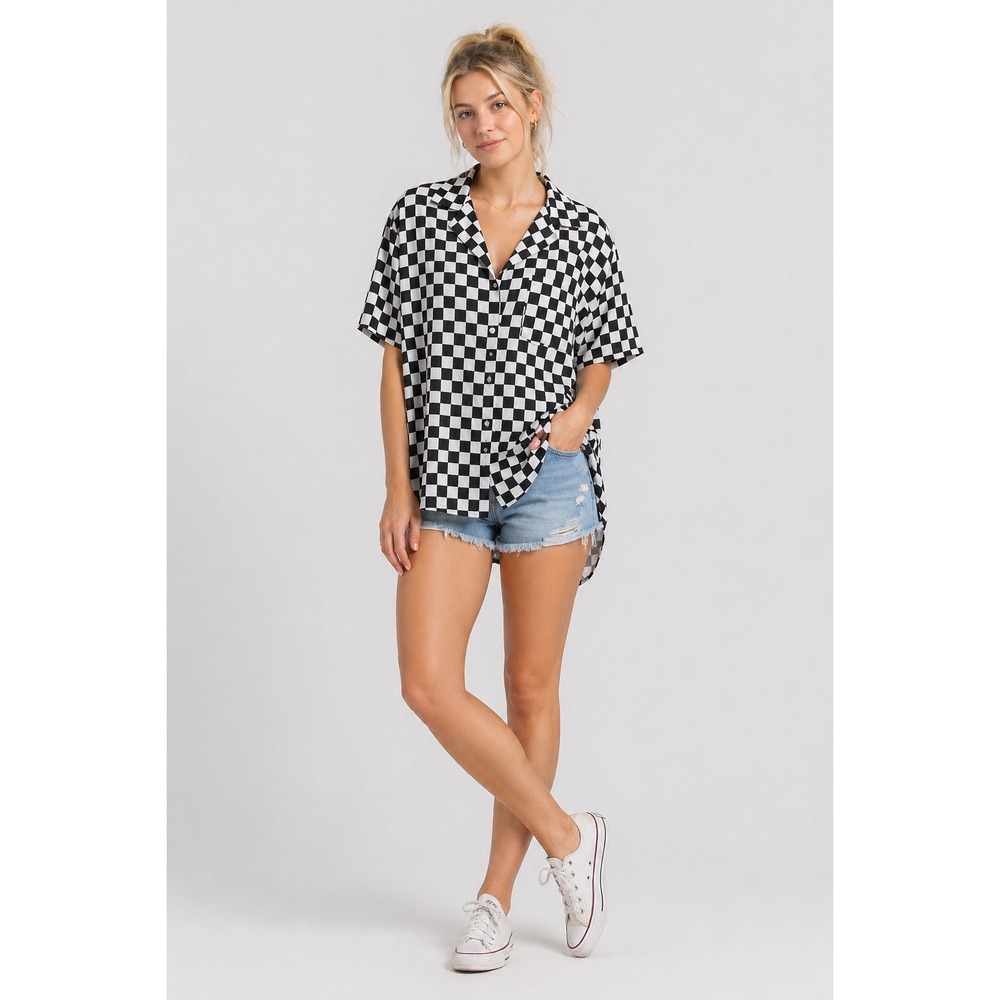 Dressed in Lala Shirt Small Checkered Black White Satin Button Down Y2K Retro
